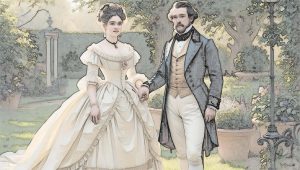 A drawing of a victorian era couple, both young, and dressed in their fanciest garments used for a Hartman Castle Preservation Corp. blog titled "Walking in the shoes of Agnes Shores"