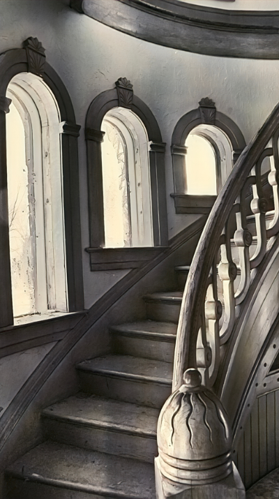 The Economic Power of Historic Preservation Black and white image of the turret staircase in the historic Hartman Castle in Gunnison, CO for Hartman Castle Preservation Corp. blog titled "The Economic Power of Historic Preservation"