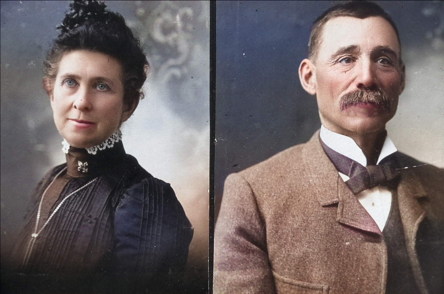 Annie & Alonzo Hartman colorized Colorized images of Annie and Alonzo Hartman side by side, showing them as middle-aged adults with neutral expressions looking toward the viewer.